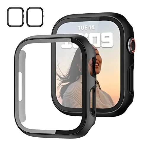 JZK 2 Pack Case with Tempered Glass Screen Protector for Apple Watch Series 9/8/7 41mm, Slim Guard Bumper Full Hard PC Protective Cover HD Ultra-Thin Cover for iWatch 9 8 7 41mm Accessories,Black - 1