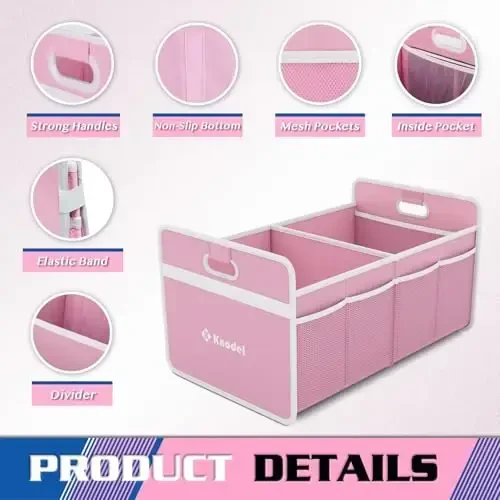K KNODEL Car Trunk Organizer, Foldable Organizer for Car, Automotive Consoles & Organizers, Storage with Reinforced Handles (Small, Pink) - 6