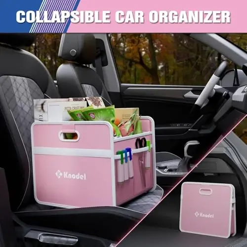 K KNODEL Car Trunk Organizer, Foldable Organizer for Car, Automotive Consoles & Organizers, Storage with Reinforced Handles (Small, Pink) - 3