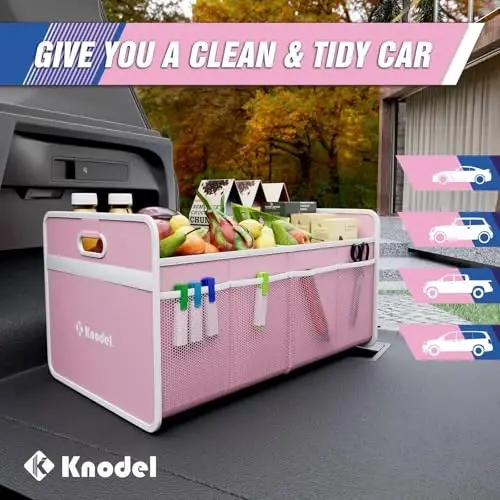 K KNODEL Car Trunk Organizer, Foldable Organizer for Car, Automotive Consoles & Organizers, Storage with Reinforced Handles (Small, Pink) - 4