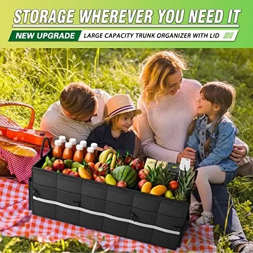 K KNODEL Car Trunk Organizer with Lid, 3 Compartments Collapsible Car Trunk Storage Organizer, Large Car Organizer and Storage for SUV, Truck, Sedan (Large, Black) - 1