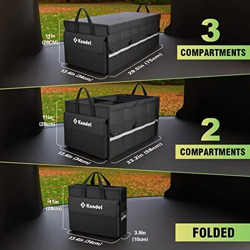 K KNODEL Car Trunk Organizer with Lid, 3 Compartments Collapsible Car Trunk Storage Organizer, Large Car Organizer and Storage for SUV, Truck, Sedan (Large, Black) - 4