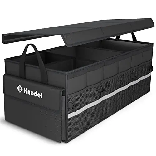 K KNODEL Car Trunk Organizer with Lid, 3 Compartments Collapsible Car Trunk Storage Organizer, Large Car Organizer and Storage for SUV, Truck, Sedan (Large, Black) - 1