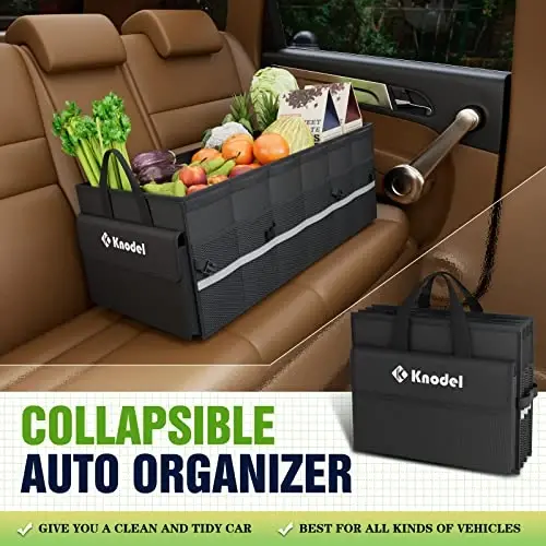 K KNODEL Car Trunk Organizer with Lid, 3 Compartments Collapsible Car Trunk Storage Organizer, Large Car Organizer and Storage for SUV, Truck, Sedan (Large, Black) - 2