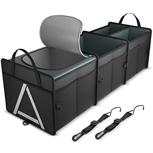 K KNODEL Sturdy Car Trunk Organizer with Premium Insulation Cooler Bag, 3 Compartments Heavy Duty Collapsible for Car, SUV, Truck, or Van (Large, Black) - K KNODEL