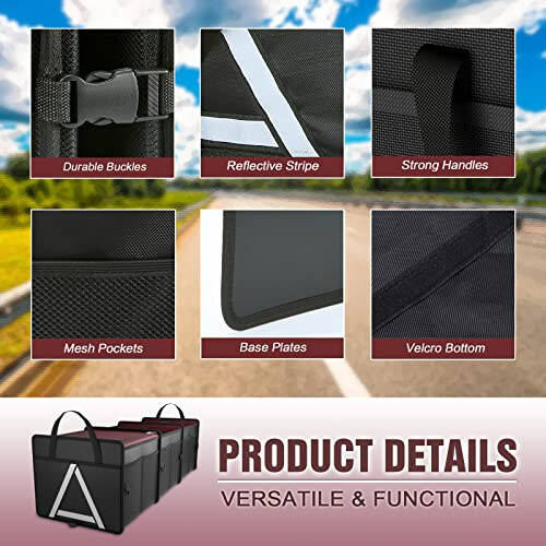 K KNODEL Sturdy Car Trunk Organizer with Premium Insulation Cooler Bag, 3 Compartments Heavy Duty Collapsible for Car, SUV, Truck, or Van (Large, Red) - 4