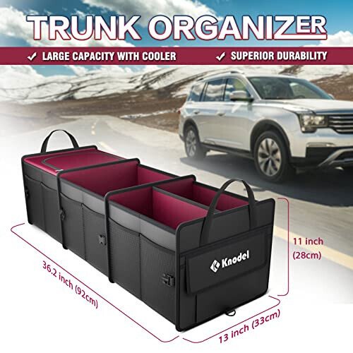 K KNODEL Sturdy Car Trunk Organizer with Premium Insulation Cooler Bag, 3 Compartments Heavy Duty Collapsible for Car, SUV, Truck, or Van (Large, Red) - K KNODEL (1)