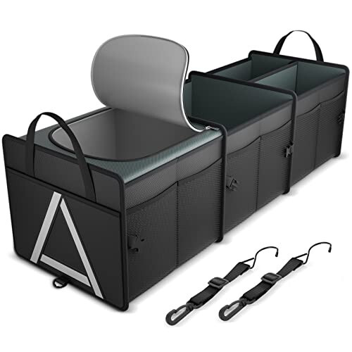 K KNODEL Sturdy Car Trunk Organizer with Premium Insulation Cooler Bag, Heavy Duty Collapsible for Car, SUV, Truck, or Van (3 Compartments, Black) - 1