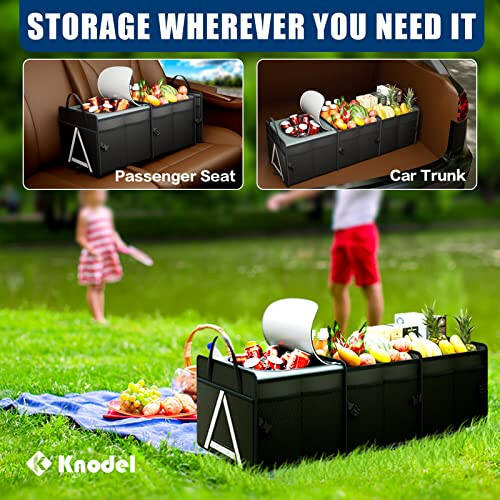 K KNODEL Sturdy Car Trunk Organizer with Premium Insulation Cooler Bag, Heavy Duty Collapsible for Car, SUV, Truck, or Van (3 Compartments, Black) - 5