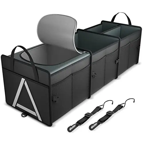 K KNODEL Sturdy Car Trunk Organizer with Premium Insulation Cooler Bag, Heavy Duty Collapsible for Car, SUV, Truck, or Van (3 Compartments, Black) 
