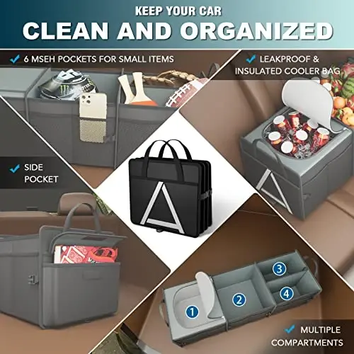 K KNODEL Sturdy Car Trunk Organizer with Premium Insulation Cooler Bag, Heavy Duty Collapsible for Car, SUV, Truck, or Van (3 Compartments, Black) - 5