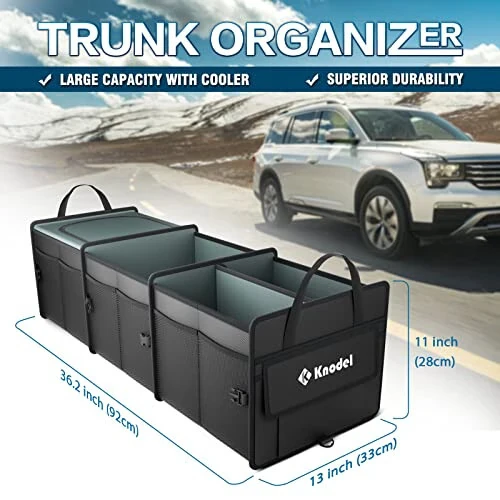 K KNODEL Sturdy Car Trunk Organizer with Premium Insulation Cooler Bag, Heavy Duty Collapsible for Car, SUV, Truck, or Van (3 Compartments, Black) - 2