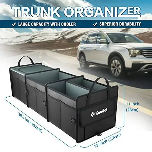 K KNODEL Sturdy Car Trunk Organizer with Premium Insulation Cooler Bag, Heavy Duty Collapsible for Car, SUV, Truck, or Van (3 Compartments, Black) - 2