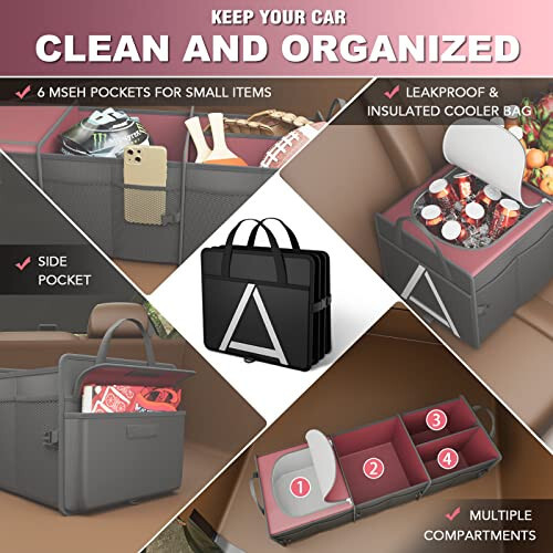 K KNODEL Sturdy Car Trunk Organizer with Premium Insulation Cooler Bag, Heavy Duty Collapsible Trunk Storage Organizer for Car, SUV, Truck, or Van (3 Compartments, Red) - 6