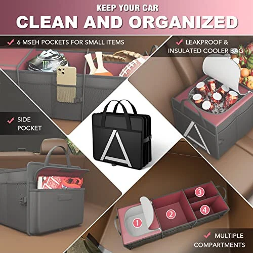 K KNODEL Sturdy Car Trunk Organizer with Premium Insulation Cooler Bag, Heavy Duty Collapsible Trunk Storage Organizer for Car, SUV, Truck, or Van (3 Compartments, Red) - 6