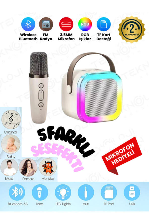 K12 Беспроводная Bluetooth-колонка Караоке-микрофон с 5 звуковыми эффектами Rgb HD стерео ?es Usb/Sd/FM - 9