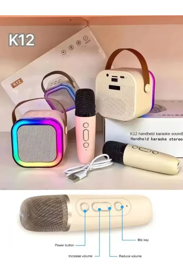 K12 Беспроводная Bluetooth-колонка Розовый Караоке-микрофон 5 Звуковых Эффектов Rgb HD Стереозвук USB/SD/FM - 6
