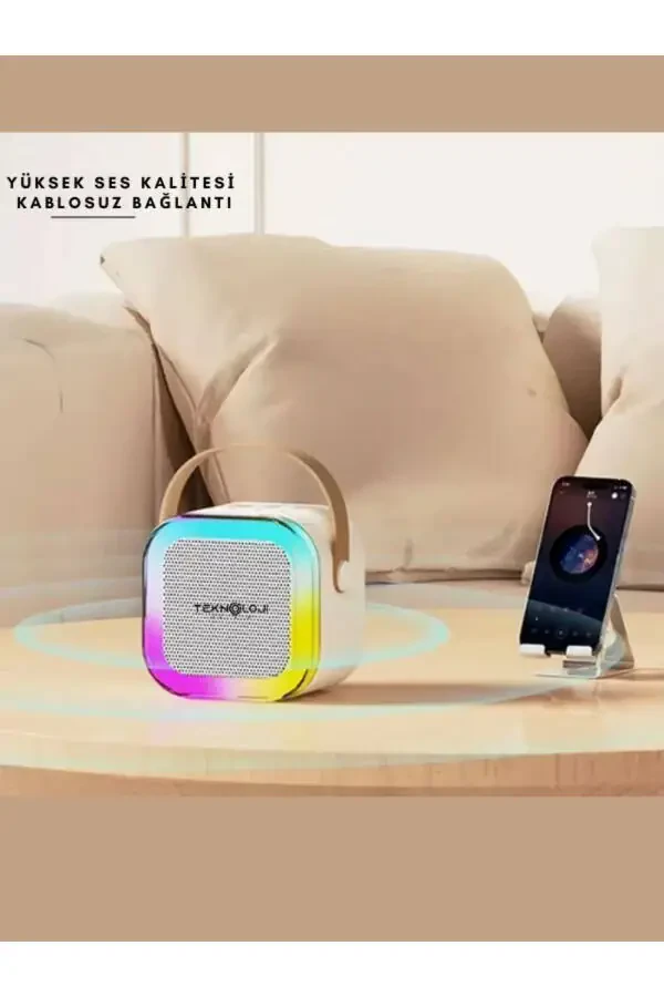 K12 Kablosuz Bluetooth Hoparlör Karaoke Mikrofon 5 Ses Efektli Rgb Hd Stereo ?es Usb/Sd/FM-Bej - 4