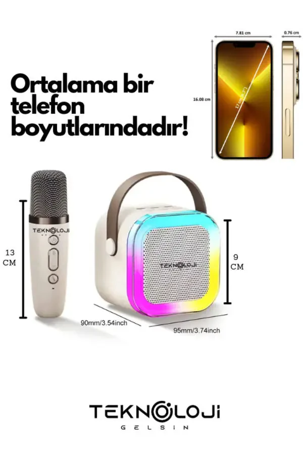 K12 Kablosuz Bluetooth Hoparlör Karaoke Mikrofon 5 Ses Efektli Rgb Hd Stereo ?es Usb/Sd/FM-Bej - 6