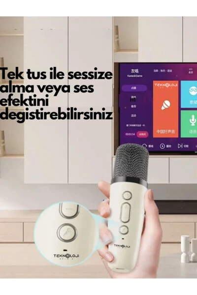 K12 Kablosuz Bluetooth Hoparlör Karaoke Mikrofon 5 Ses Efektli Rgb Hd Stereo ?es Usb/Sd/FM-Bej - 7