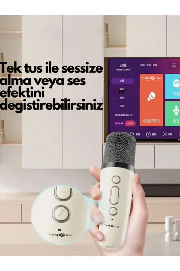 K12 Kablosuz Bluetooth Hoparlör Karaoke Mikrofon 5 Ses Efektli Rgb Hd Stereo ?es Usb/Sd/FM-Bej - 7