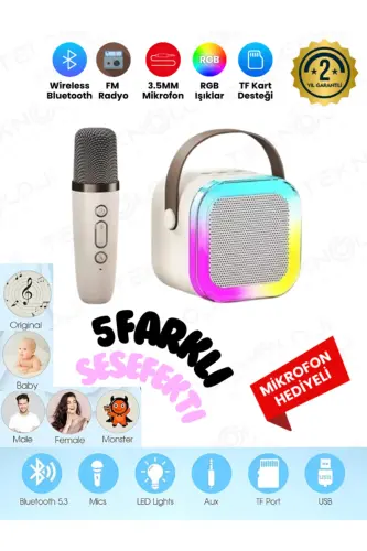 K12 Kablosuz Bluetooth Hoparlör Karaoke Mikrofon 5 Ses Efektli Rgb Hd Stereo ?es Usb/Sd/FM - Bej - TEKNOLOJI GELSIN (1)