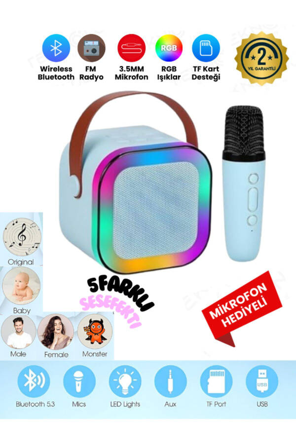 K12 Kablosuz Bluetooth Hoparlör Karaoke Mikrofon 5 Ses Efektli Rgb Hd Stereo Ses Usb/Sd/FM-Mavi - 1