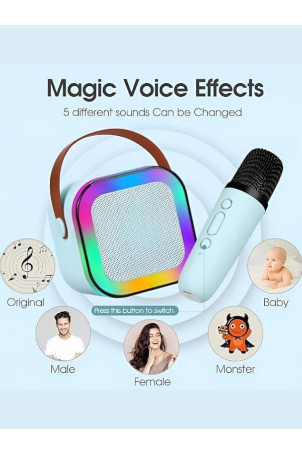 K12 Kablosuz Bluetooth Hoparlör Karaoke Mikrofon 5 Ses Efektli Rgb Hd Stereo Ses Usb/Sd/FM-Mavi - 2