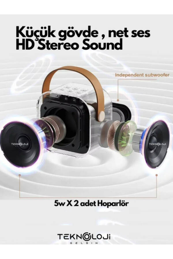 K12 Kablosuz Bluetooth Hoparlör Karaoke Mikrofon 5 Ses Efektli Rgb Hd Stereo Ses Usb/Sd/FM-Mavi - 5