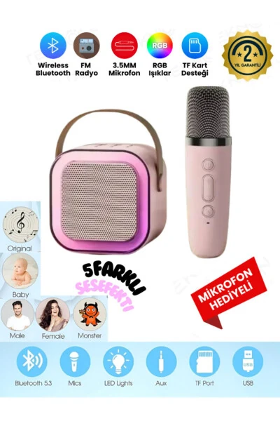 K12 Kablosuz Bluetooth Hoparlör Pembe Karaoke Mikrofon 5 Ses Efektli Rgb Hd Stereo Ses Usb/sd/fm-Pembe - TEKNOLOJI GELSIN