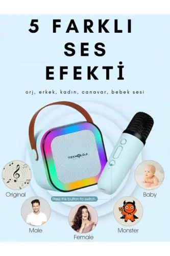 K12 Wireless Bluetooth Speaker Karaoke Microphone with 5 Sound Effects, RGB HD Stereo ?es, USB/SD/FM - TEKNOLOJI GELSIN (1)