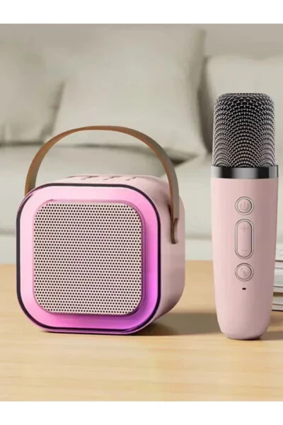 K12 Wireless Bluetooth Speaker Pink Karaoke Microphone with 5 Sound Effects RGB HD Stereo Sound USB/SD/FM - 3
