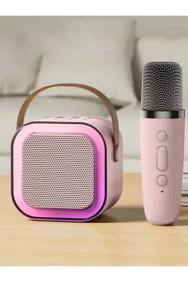 K12 Wireless Bluetooth Speaker Pink Karaoke Microphone with 5 Sound Effects RGB HD Stereo Sound USB/SD/FM - 3