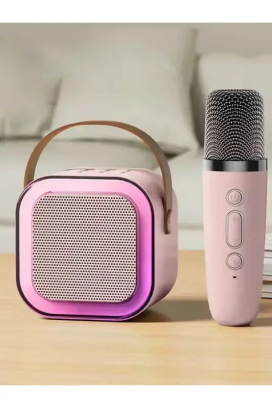 K12 Wireless Bluetooth Speaker Pink Karaoke Microphone with 5 Sound Effects RGB HD Stereo Sound USB/SD/FM - 4