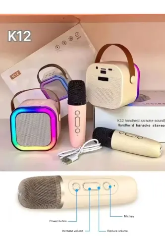 K12 Wireless Bluetooth Speaker Pink Karaoke Microphone with 5 Sound Effects RGB HD Stereo Sound USB/SD/FM - 7