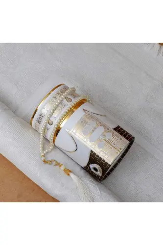 Kaaba Patterned Prayer Rug with Rosary Box Set as a Gift for a Dowry - 4