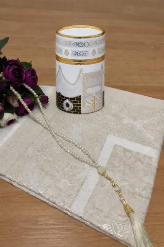 Kaaba Patterned Prayer Rug with Rosary Box Set as a Gift for a Dowry - 6