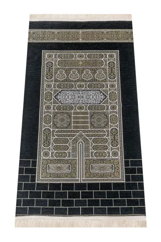 Kaaba Patterned Ultra Plus Black Chenille Prayer Rug 18-Pattern 5 - İHVAN