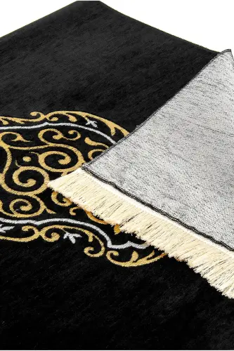 Kaaba Patterned Ultra Plus Black Chenille Prayer Rug 3-Pattern 2 - 7