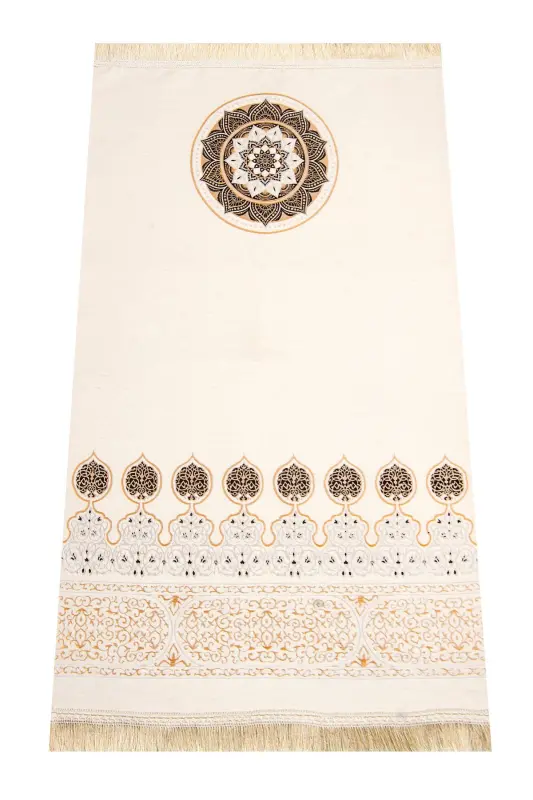 Kaaba Patterned Ultra Plus Cream Chenille Prayer Rug 11-Cream - 1