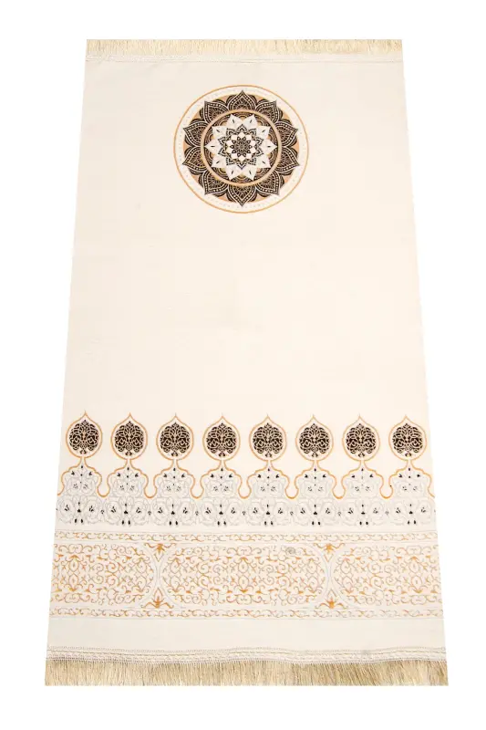 Kaaba Patterned Ultra Plus Cream Chenille Prayer Rug 11-Cream - 2