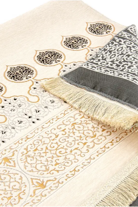 Kaaba Patterned Ultra Plus Cream Chenille Prayer Rug 11-Cream - 3