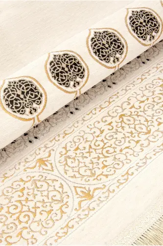 Kaaba Patterned Ultra Plus Cream Chenille Prayer Rug 11-Cream - 4