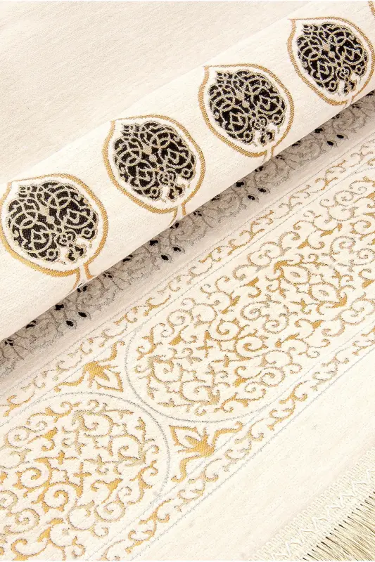 Kaaba Patterned Ultra Plus Cream Chenille Prayer Rug 11-Cream - 7