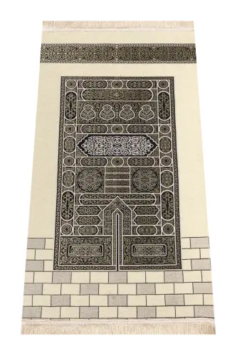 Kaaba Patterned Ultra Plus Cream Chenille Prayer Rug 17-Cream 2 