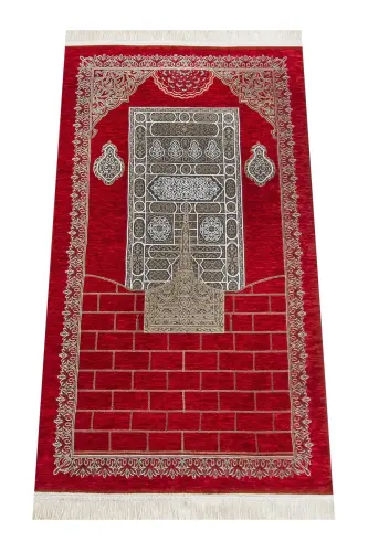 Kaaba Patterned Ultra Plus Red Chenille Prayer Rug 19-Red 