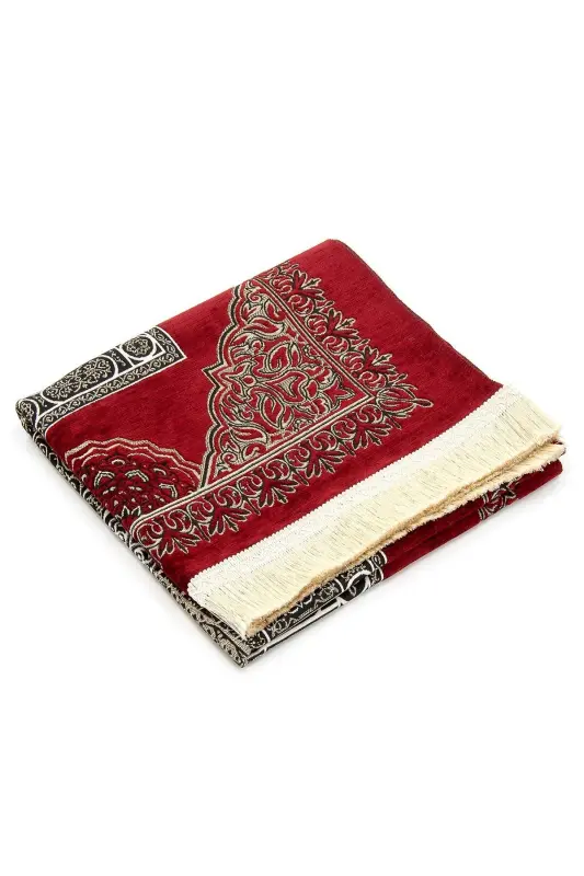 Kaaba Patterned Ultra Plus Red Chenille Prayer Rug 19 - Red - 2