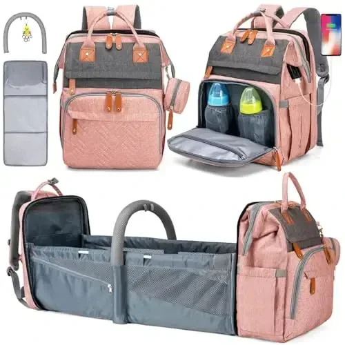 KABAQOO Diaper Bag Backpack with Detachable Changing Station, Large Capacity Baby Diaper Bags for Boys & Girls, Baby Registry Search Stuff & Shower Gifts, Newborn Essentials Must Haves, Pink Grey - KABAQOO