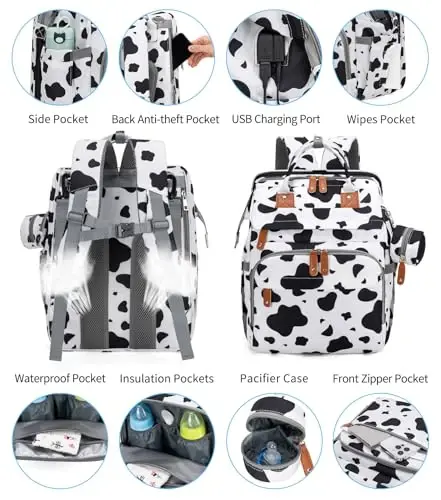 KABAQOO Diaper Bag Backpack with Detachable Changing Station, Large Capacity Baby Diaper Bags for Boys & Girls, Baby Registry Search Stuff & Shower Gifts, Newborn Essentials Must Haves, Cow - 3