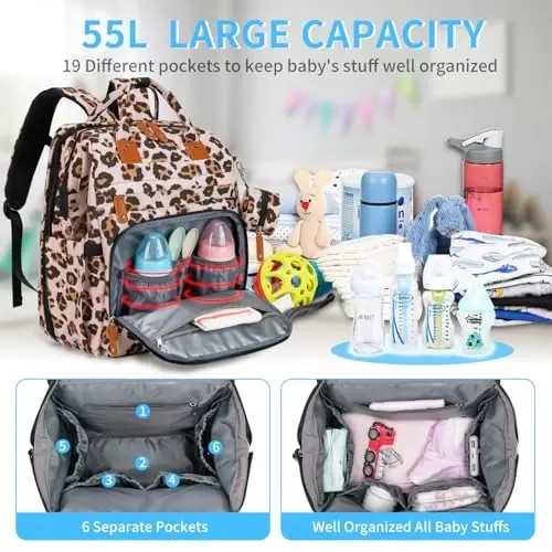 KABAQOO Diaper Bag Backpack with Detachable Changing Station, Large Capacity Baby Diaper Bags for Boys & Girls, Baby Registry Search Stuff & Shower Gifts, Newborn Essentials Must Haves, Leopard Print - 2